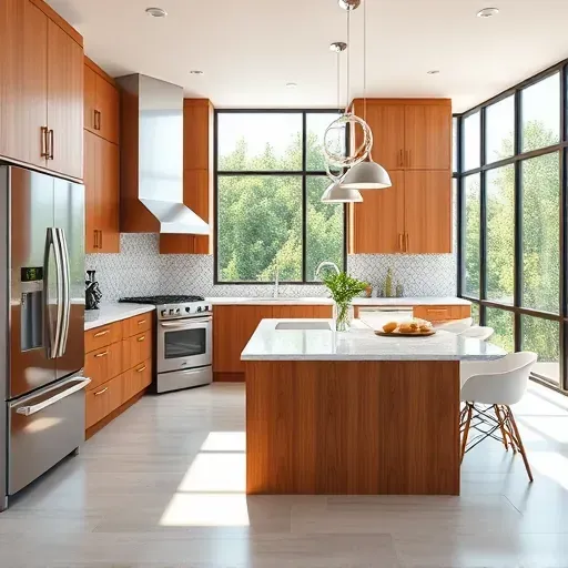 Completed modern kitchen in Vista CA with sleek wood cabinetry stainless steel appliances granite island pendant lighting stylish backsplash and lush outdoor view