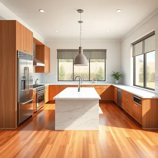 Recently remodeled spacious kitchen in Hidden Meadows CA with quartz countertops, custom wood cabinets, stainless steel appliances, marble island, hardwood floors, large windows, and landscaped backyard view