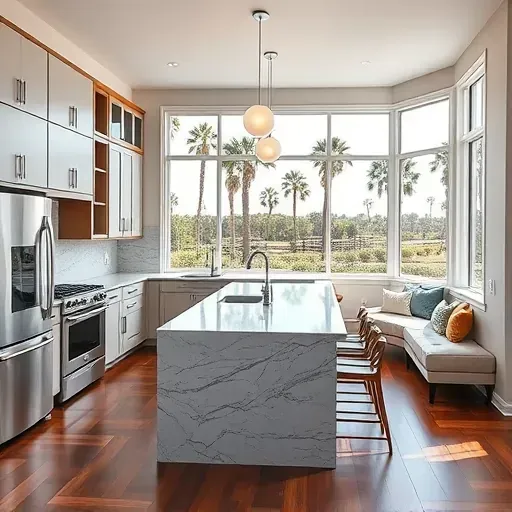 Remodeled Fairbanks Ranch kitchen with sleek matte cabinets stainless steel appliances granite island lush garden view
