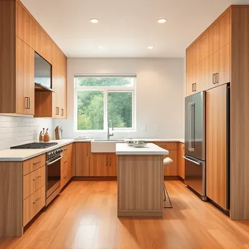 Remodeled Olivenhain CA kitchen with warm wood cabinetry quartz countertops stainless steel appliances subway tile backsplash farmhouse sink hardwood floors modern island bright open space