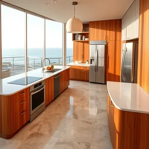 Modern coastal kitchen in Del Mar with quartz countertops, stainless steel appliances, warm wood cabinets, and ocean views