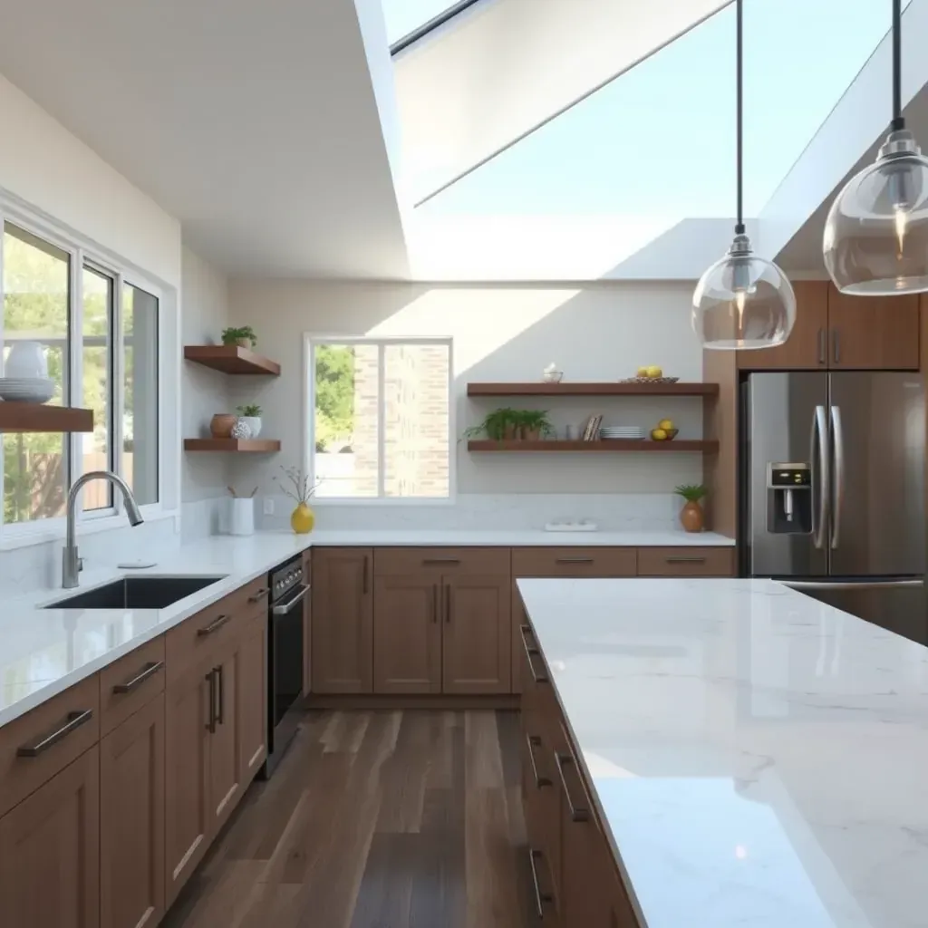 Modern Deer Springs kitchen with natural light, neutral cabinets, quartz countertops, island with butcher block, and hardwood floors.