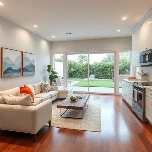 Home remodeling in Encinitas featuring an open-concept living room and modern kitchen with elegant furnishings and natural light.