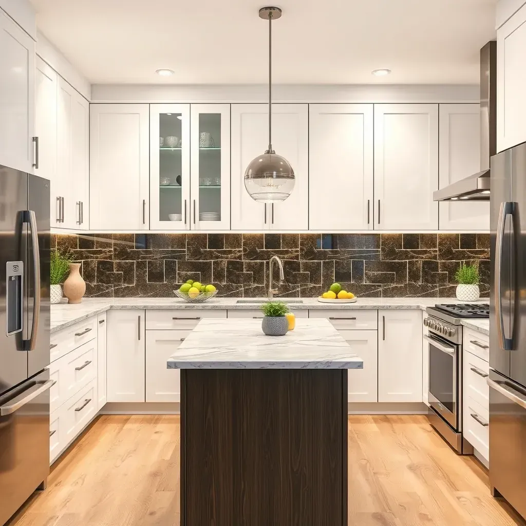Modern Rancho Peñasquitos kitchen with white quartz, wooden cabinets, stainless steel appliances, island, and natural light.