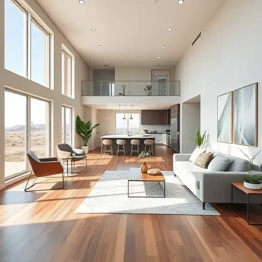 Modern living room remodel in Pala Mesa CA with open floor plan, high ceilings, hardwood floors, and stylish decor.