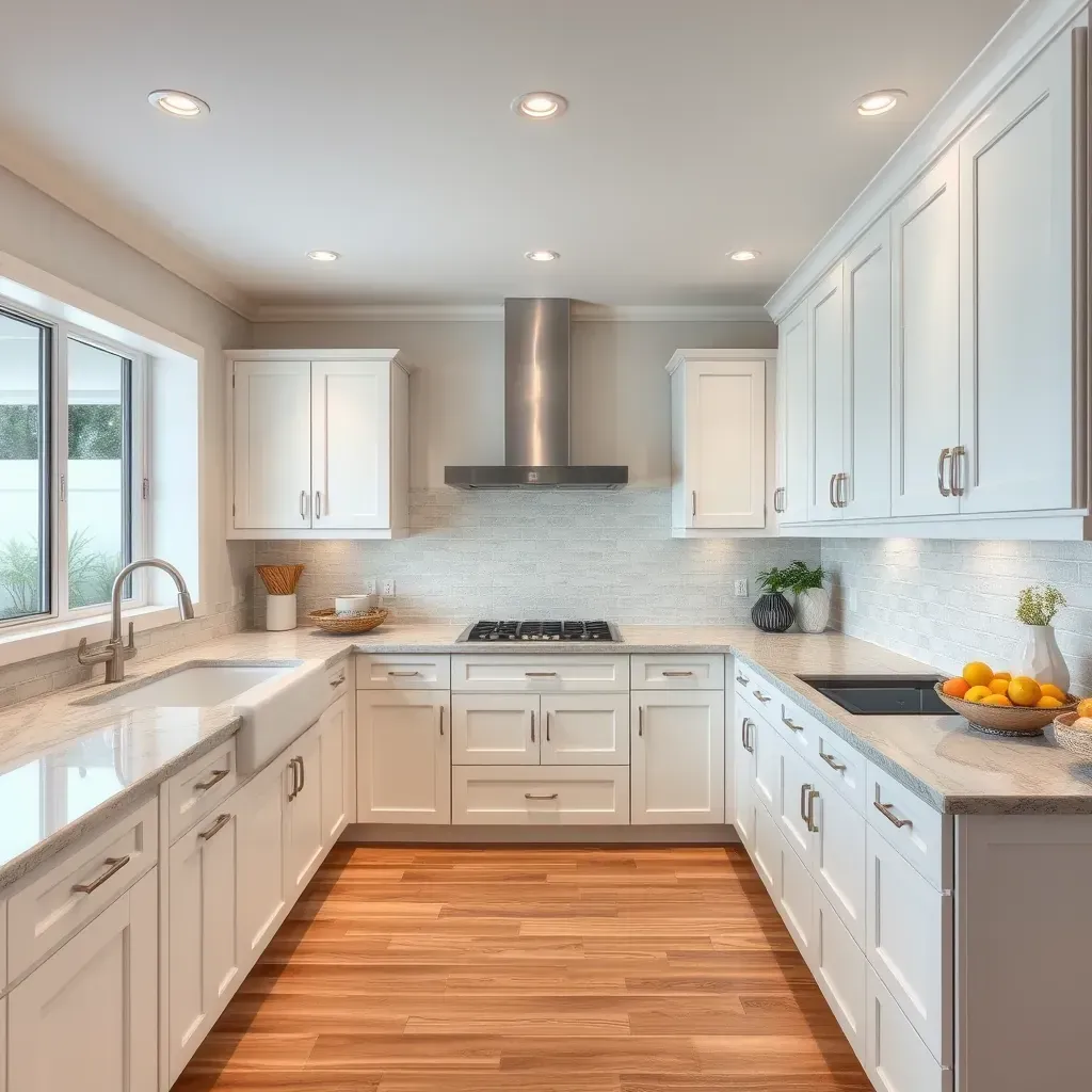 Modern Del Mar kitchen with white quartz countertops, minimalist cabinets, ocean views, island, stainless steel appliances.