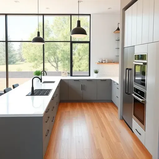 Renovated modern kitchen in Harmony Grove CA with black hardware quartz island stainless steel appliances and lush outdoor view