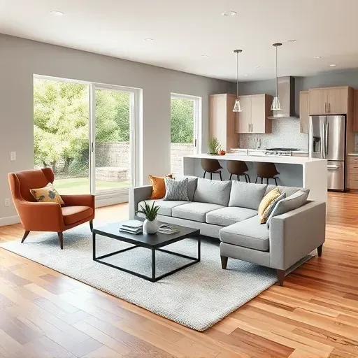 Modern Scripps Ranch living room with oak flooring, gray walls, stylish furniture, and bright natural light.