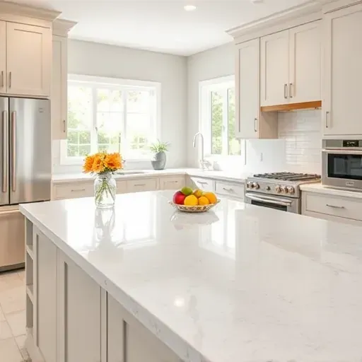 Pristine natural quartz kitchen countertop with subtle veining in a modern California kitchen featuring shaker cabinets and stainless steel appliances