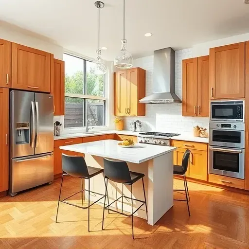 Remodeled Leucadia CA kitchen with modern wood cabinets quartz countertops stainless steel appliances and lush outdoor view