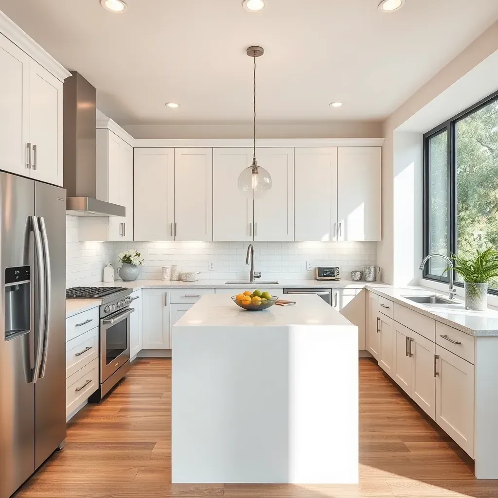 Modern kitchen in University City, CA with white cabinetry, gray quartz island, stainless appliances, lush greenery views.