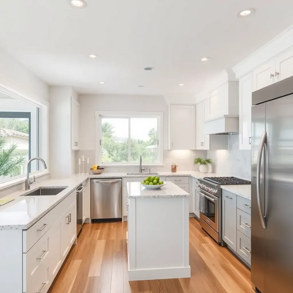 Modern Torrey Highlands kitchen with sleek gray cabinets, quartz countertops, island, white subway backsplash, high-end appliances.