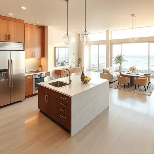 Modern kitchen remodel in Solana Beach CA featuring sleek appliances, polished granite island, and bright natural light.