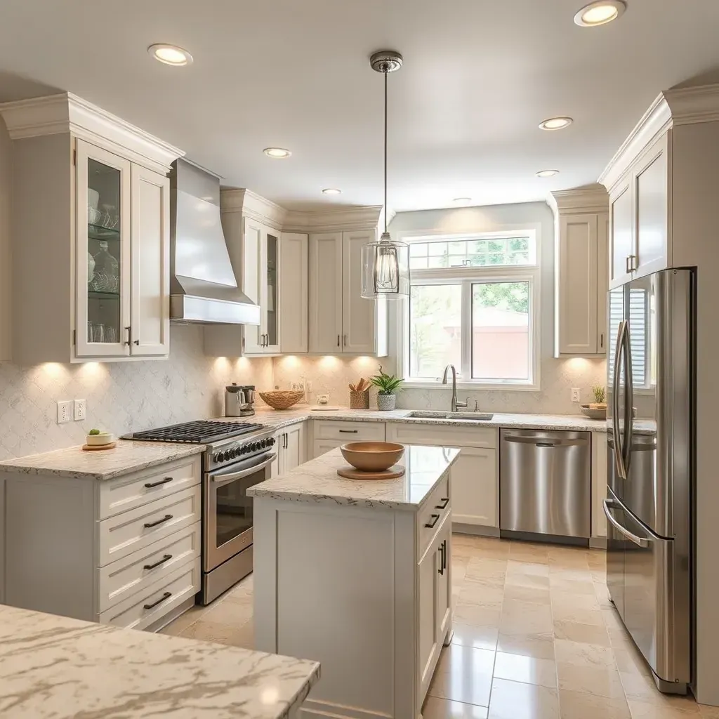 Modern kitchen in Del Dios, CA featuring wood cabinets, quartz counters, stainless steel appliances, subway tile backsplash, and natural light.