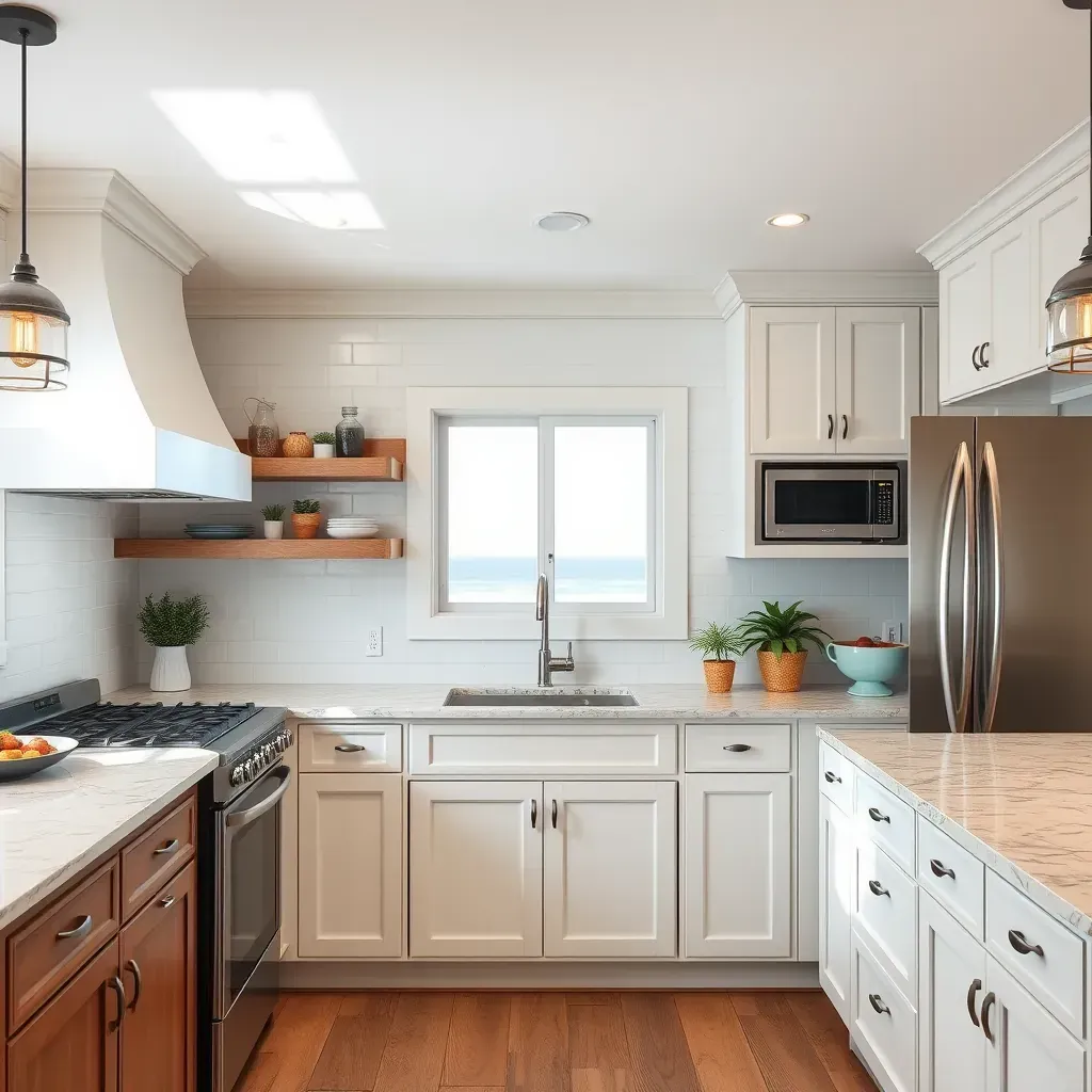 Modern Cardiff-by-the-Sea kitchen with ocean views, white quartz counters, navy cabinets, island, stainless appliances, coastal decor.