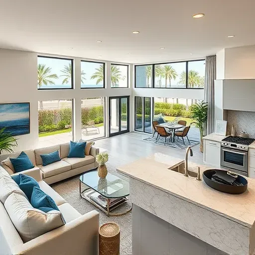 Modern coastal living room remodel in Encinitas with natural light, ocean accents, and elegant kitchen design.