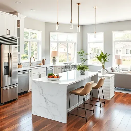 Modern kitchen in Harmony Grove CA with marble island, stainless steel appliances, and cozy living area decor.