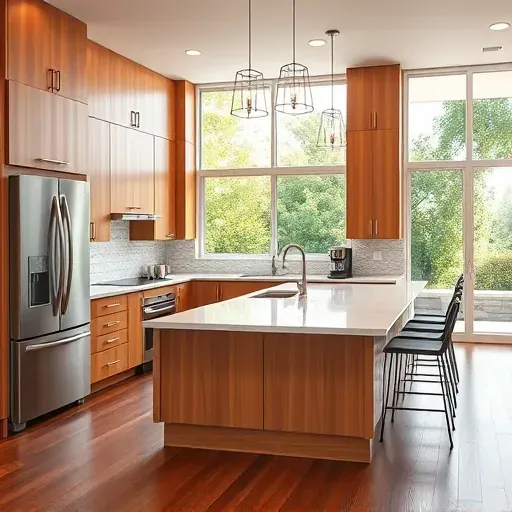 Remodeled Fairbanks Ranch kitchen with warm wood cabinets, stainless steel appliances, quartz island, lush greenery views