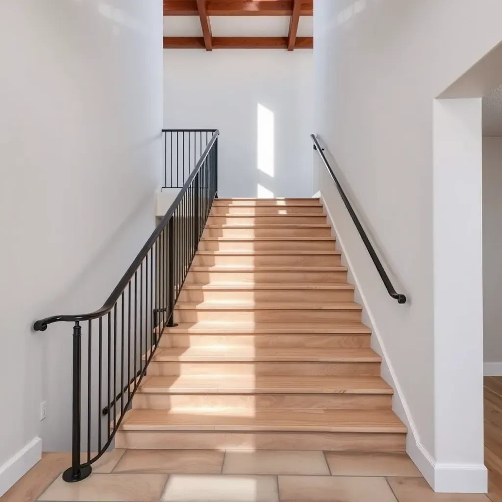 Outdoor wrought iron stairs railing with intricate scrollwork, wooden handrail, stone steps, lush greenery, and suburban Vista, CA, setting.