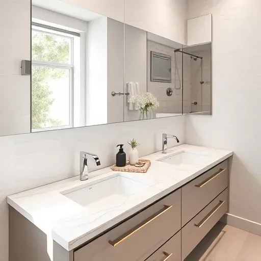 Complete modern double vanity installation in Vista CA featuring marble countertops sleek fixtures and elegant design