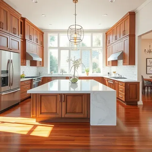 Renovated Pala Mesa California kitchen with quartz countertops stainless steel appliances custom wood cabinetry and natural sunlight