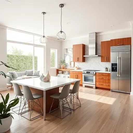 Modern kitchen in Escondido CA with stainless steel appliances, granite island, and bright natural light. Elegant decor.