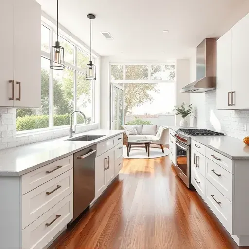 Modern remodeled Rancho Penasquitos kitchen with quartz countertops, stainless appliances, white cabinetry, and natural lighting