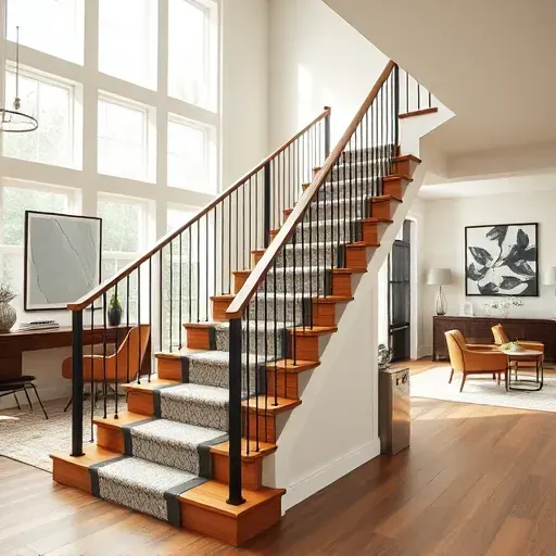 Modern remodeled staircase with wooden steps, metal railings, carpeting, natural daylight, minimalist living room, neutral tones