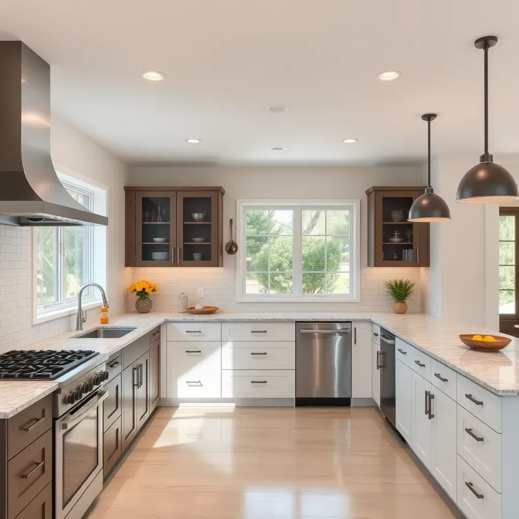 Modern Twin Oaks Valley kitchen with marble countertops, large island, stainless steel appliances, natural wood cabinets, and ample natural light.