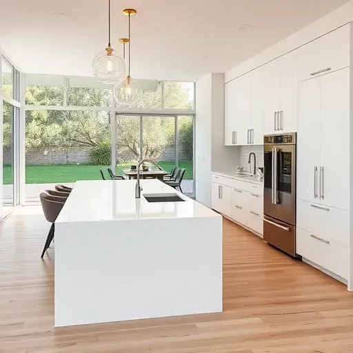 Renovated Torrey Highlands California kitchen with white matte cabinets quartz island stainless steel appliances natural light hardwood flooring