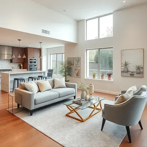 Modern living room in University City, CA, featuring open floor plan, elegant furnishings, and stylish remodeled kitchen.