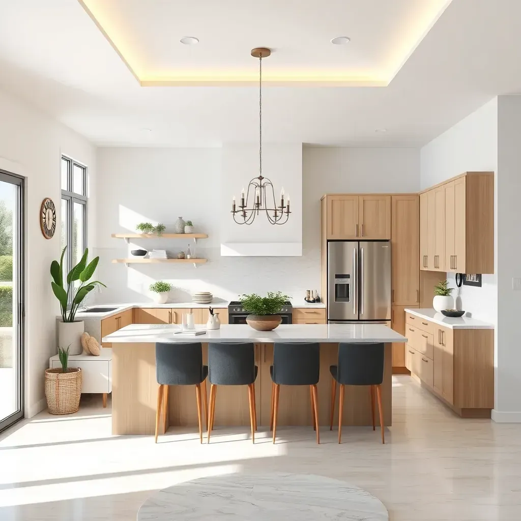 Remodeling scene in Vista, CA featuring a modern kitchen with new cabinets, countertops, construction tools, no people.