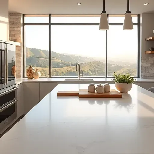 Modern kitchen with polished quartz countertop, stainless appliances, scenic hill view, lush greenery, and organized essentials.