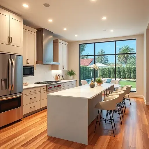 Renovated 4S Ranch kitchen with sleek matte cabinets, stainless steel appliances, quartz countertops, marble backsplash, hardwood floors and large windows