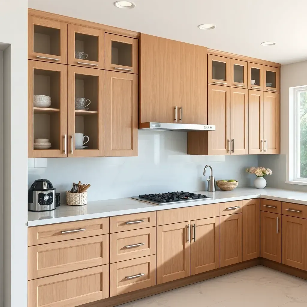 Beautiful oak kitchen cabinets in a modern Vista, CA home with natural light, granite countertops, and suburban backyard views.
