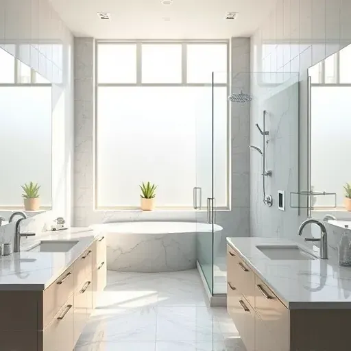 Renovated Vista California bathroom with modern fixtures, glass shower, marble counters, polished tiles, and natural light