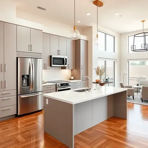 Modern kitchen remodel in Carlsbad CA with sleek cabinetry, marble island, stainless steel appliances, and natural light.