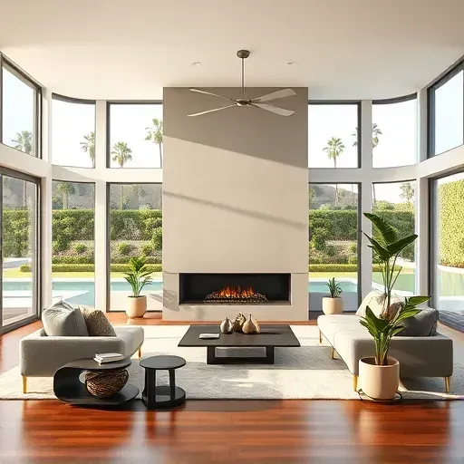Modern living room in Rancho Santa Fe featuring sleek fireplace, elegant furniture, and lush garden views.