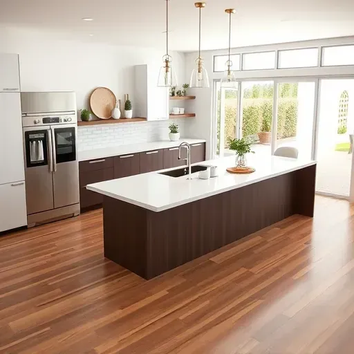 Modern remodeled kitchen in Bonsall CA featuring white marble countertops, dark wood island, stainless steel appliances, hardwood floors, and natural light