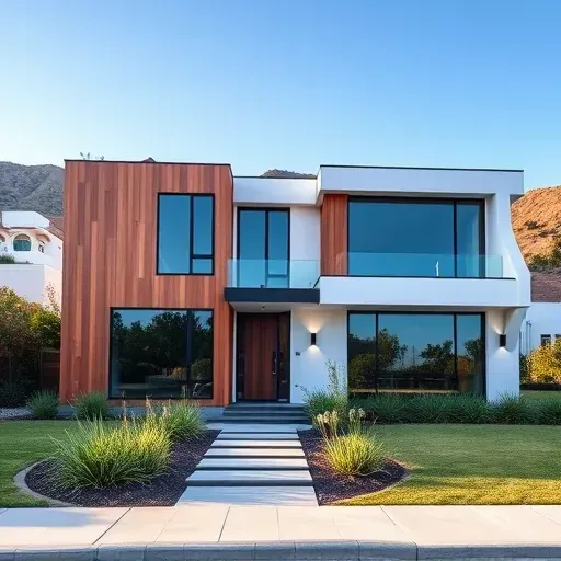 Completed home remodel in Del Mar CA features modern architecture, wood paneling, landscaped yard, and scenic hills.
