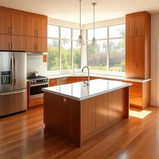 Newly remodeled kitchen in Vista CA with warm wood cabinetry, stainless steel appliances, and quartz island under bright natural light.