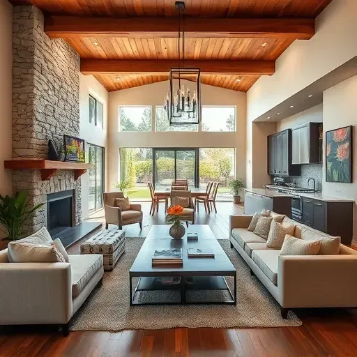 Elegant living room in Olivenhain CA blending modern and rustic styles with high ceilings and natural light.
