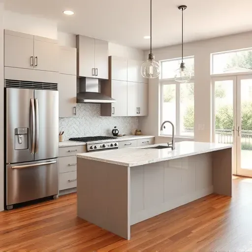 Remodeled kitchen in Scripps Ranch CA with modern cabinets, marble island, and stylish lighting in bright atmosphere.
