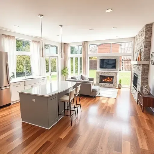 Modern kitchen and living room in Mira Mesa blending sleek appliances, quartz countertops, and warm wood tones.