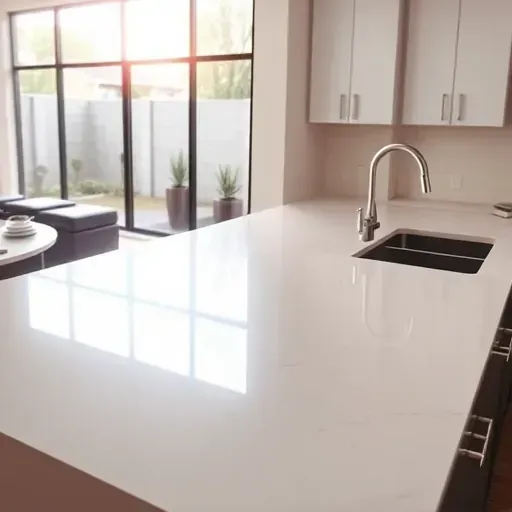 Freshly installed prefab countertop in a modern kitchen with sleek cabinets, natural daylight, and outdoor greenery visible through windows