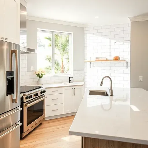 Bright modern kitchen in Vista California showcasing a glossy white subway tile backsplash with gray grout, quartz countertops, stainless steel appliances, and natural light.