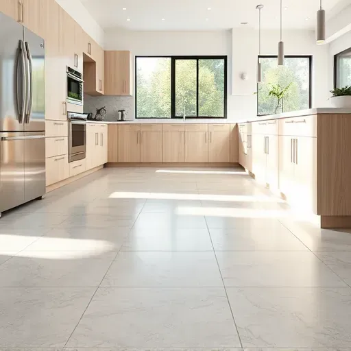 Modern ceramic kitchen flooring in Vista CA with neutral tones, natural light reflection, minimalist cabinetry, and garden view