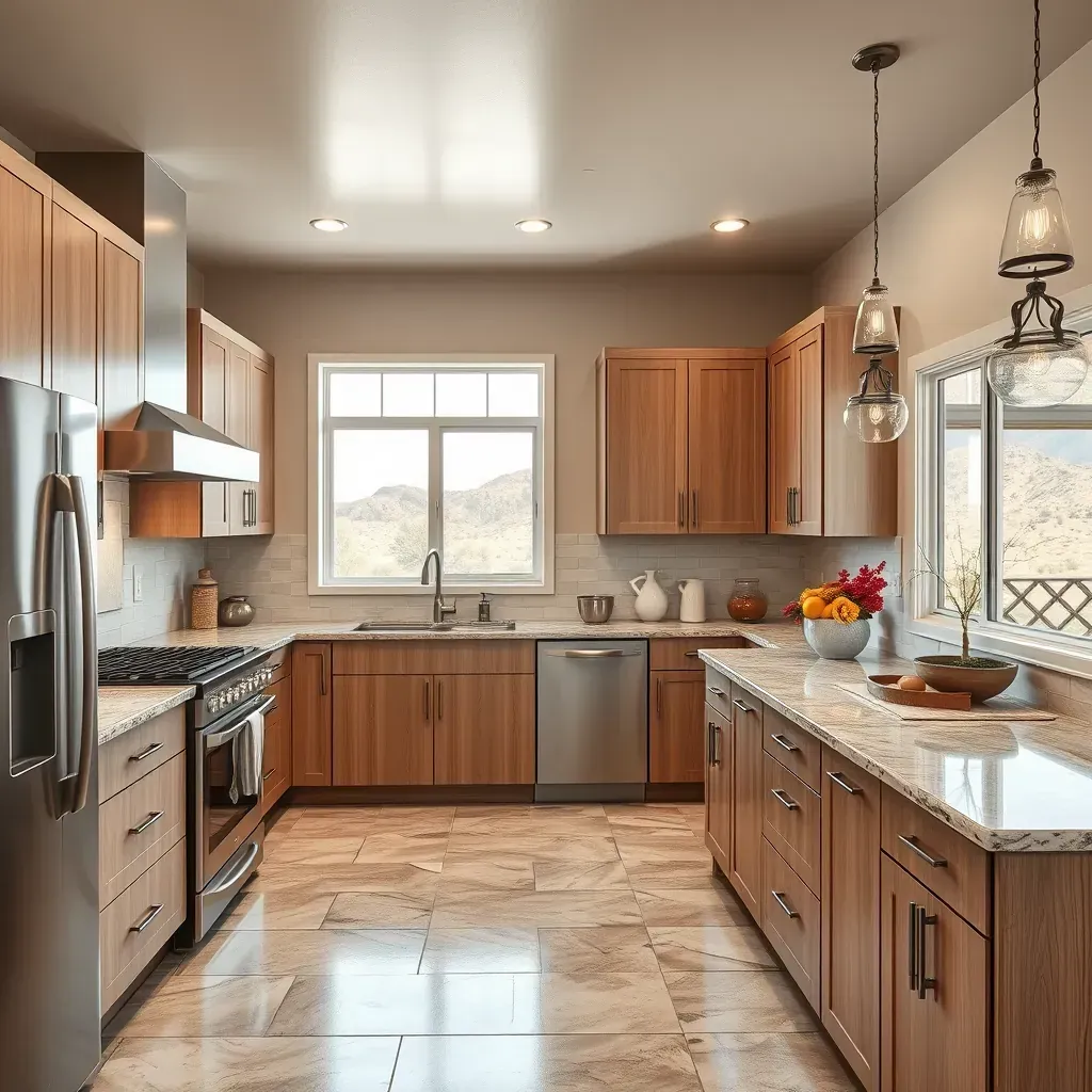 Modern Sabre Springs kitchen with quartz countertops, custom wood cabinets, stainless appliances, and landscaped backyard.