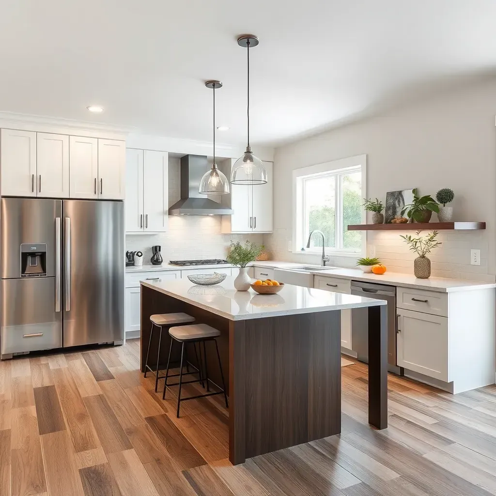 Modern San Marcos kitchen with white quartz countertops, navy cabinets, stainless appliances, hardwood floors, and natural light.