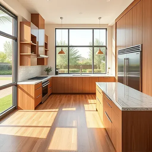 Renovated Rancho Santa Fe kitchen with modern wood cabinetry granite countertops stainless steel appliances island pendant lights hardwood flooring neutral backsplash lush outdoor view